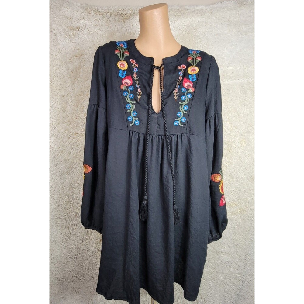 Umgee Size S Black Tunic Dress Balloon Sleeve Vneck Boho Floral Embroidered D